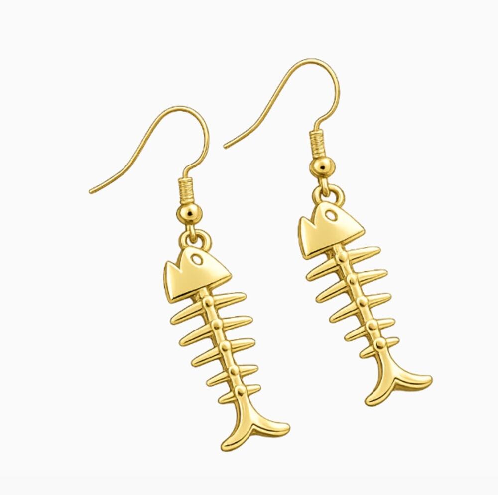 Fish Bone Pendant Earrings Gold Plated Lightweight